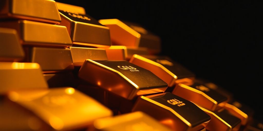 Des barres d'or empilées sur un fond sombre.