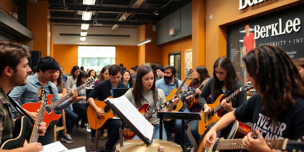 Students playing instruments on a Berklee campus.