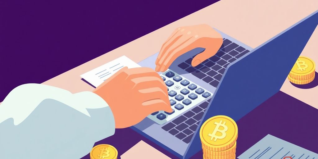 Person calculating crypto taxes with coins around.