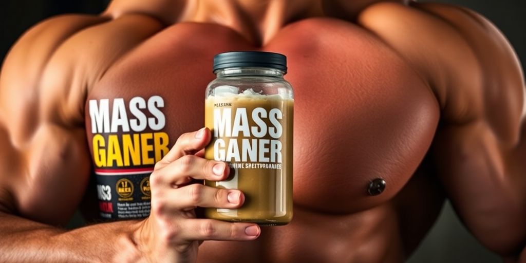 Person flexing muscles holding a mass gainer supplement.