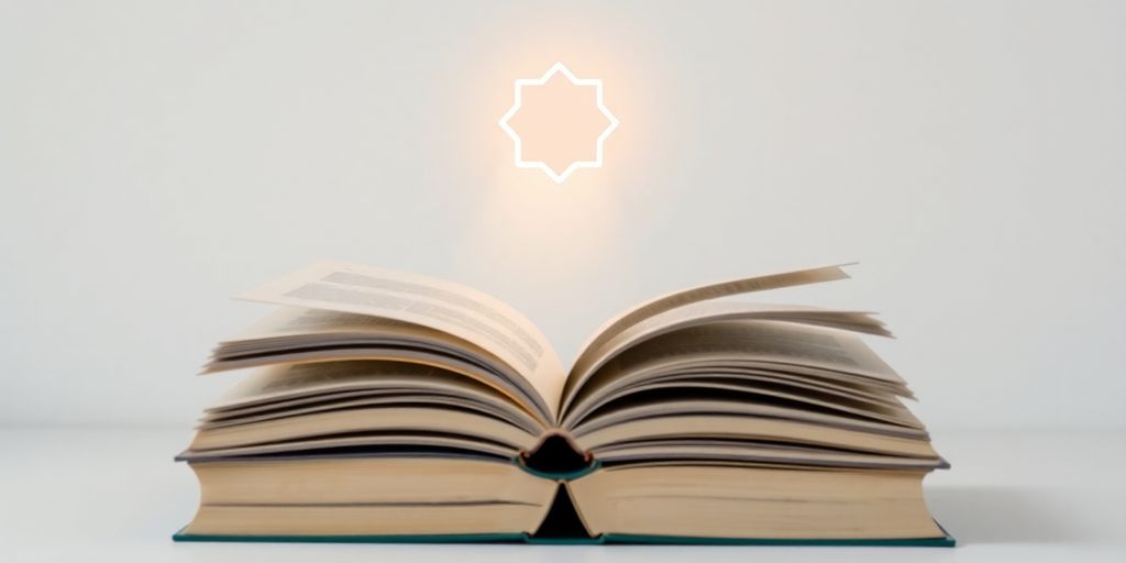 Open books with emanating light and a glowing abstract shape.