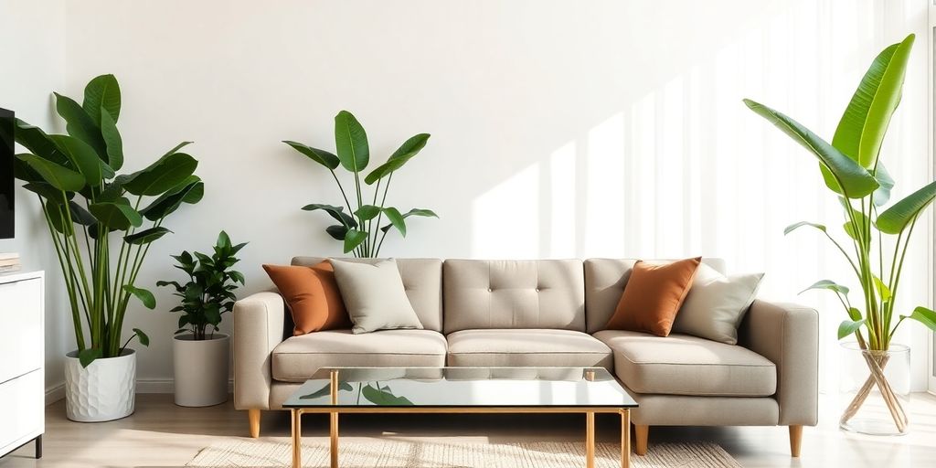 Bright living room with a tidy sofa and plants.