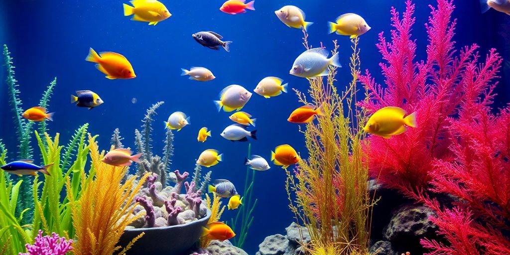 Peces tropicales coloridos nadando en un acuario exuberante.
