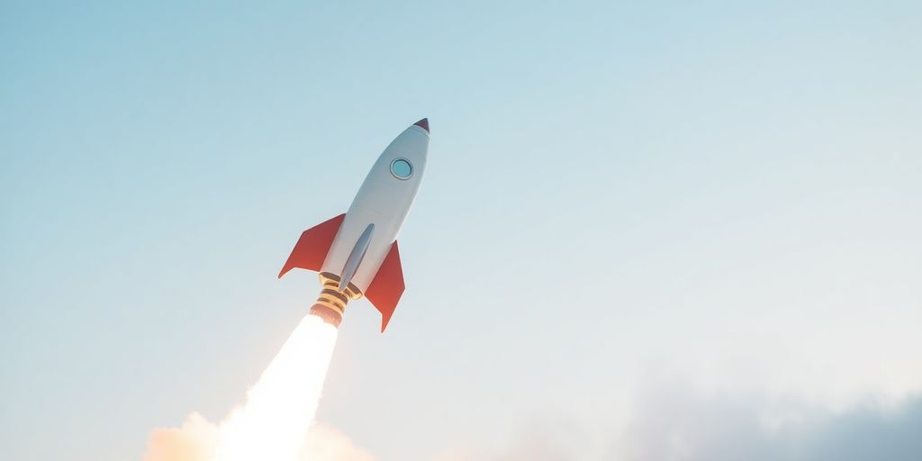 A confident person launching a rocket into a clear sky.