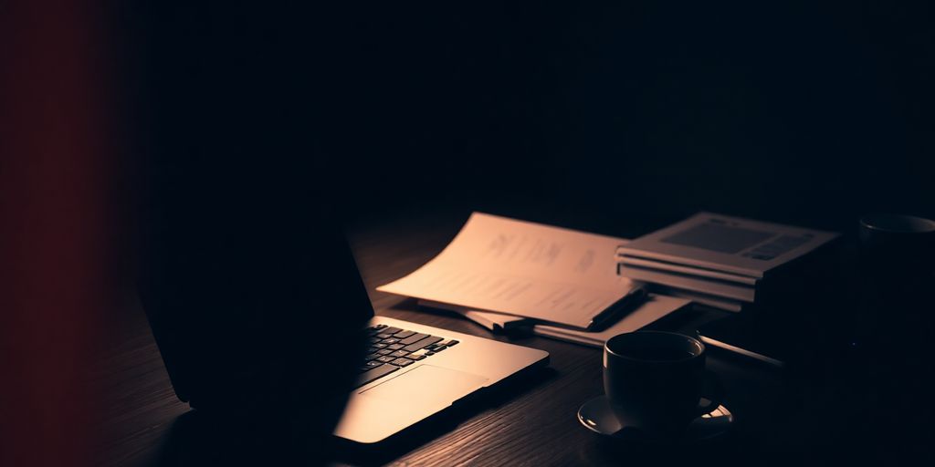 A workspace with a laptop and notes, suggesting stealth.