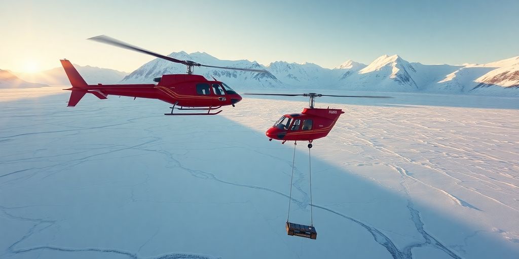 A red helicopter flies with a cargo sling over glaciers.