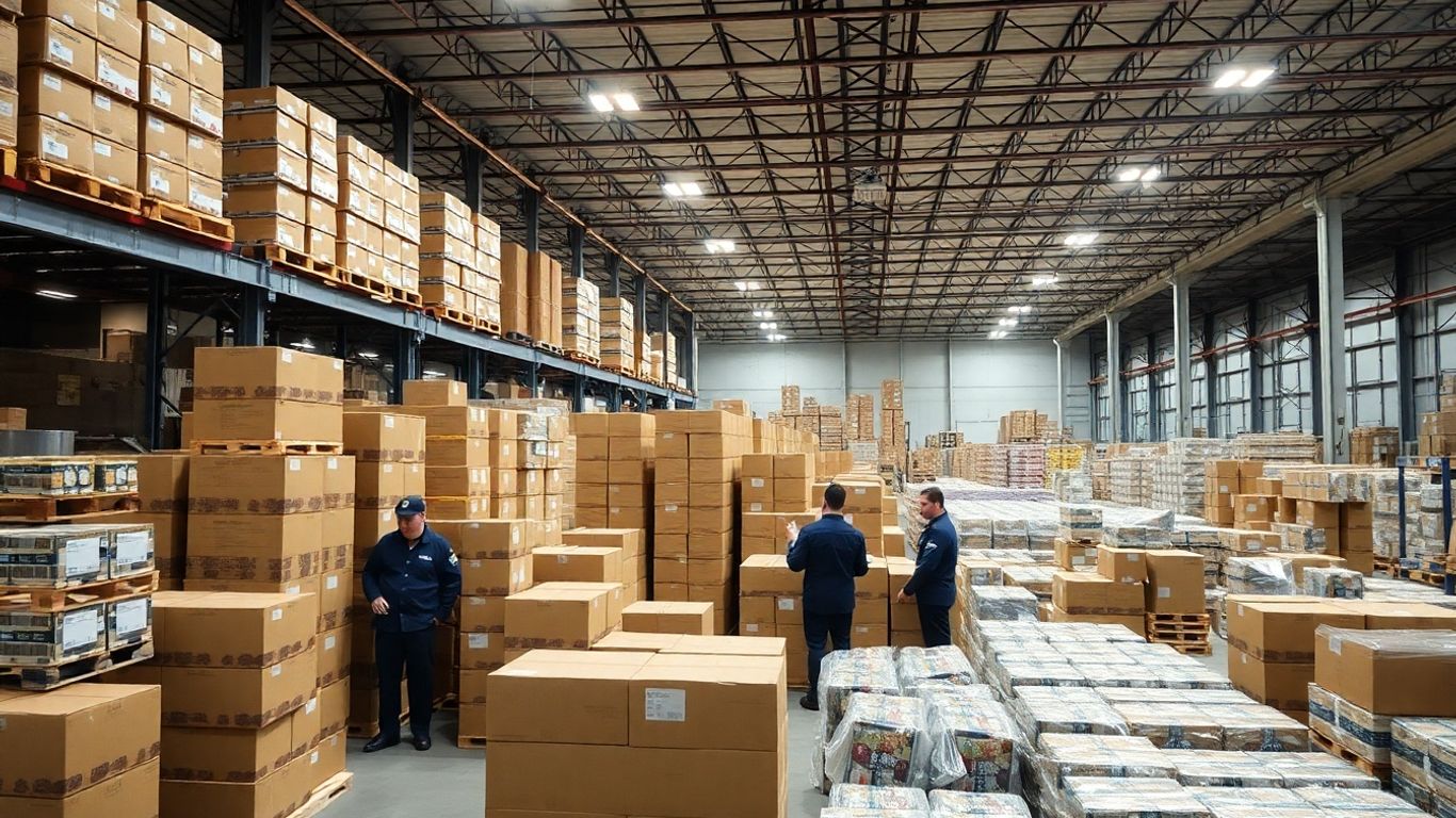 Warehouse workers stacking boxes in a large factory