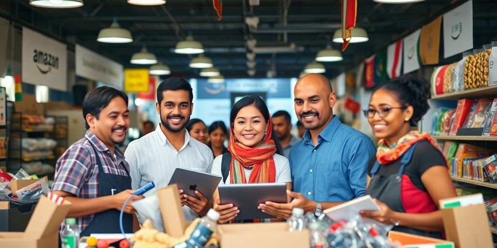 Diverse Amazon sellers collaborating in a vibrant marketplace.