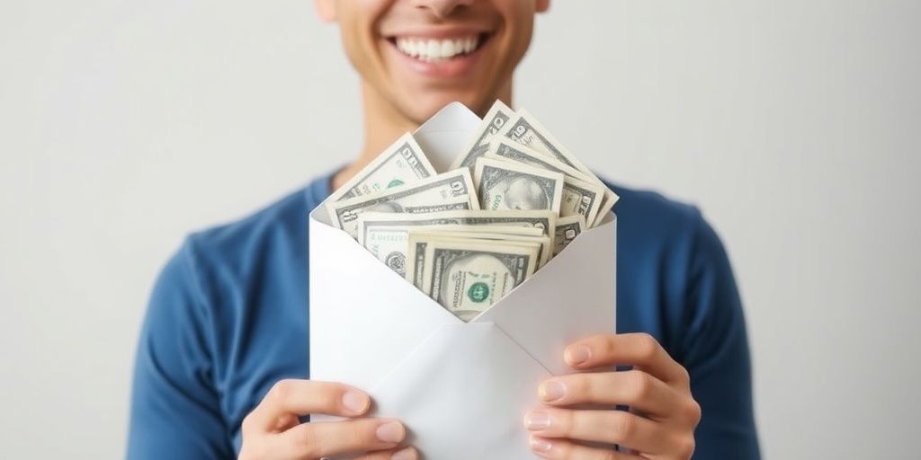 Pessoa sorrindo com dinheiro saindo de um envelope.