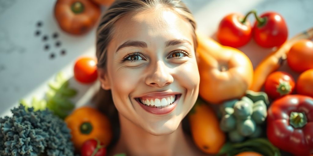 Smiling person with glowing skin, surrounded by healthy foods.