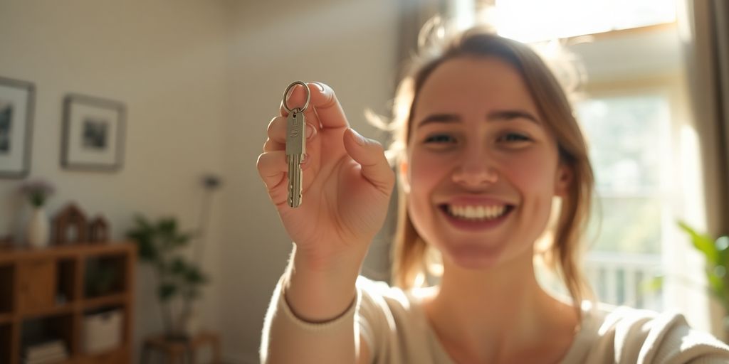 Una persona sonriente sostiene una llave de casa.