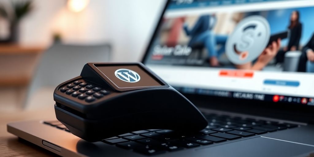 Secure payment terminal on a laptop in an office setting.