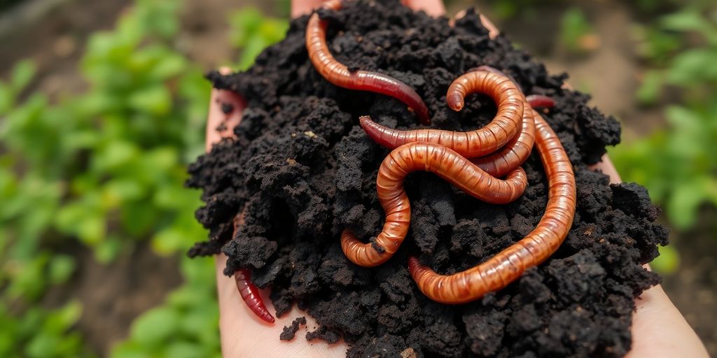 Close-up of rich vermicompost with earthworms.
