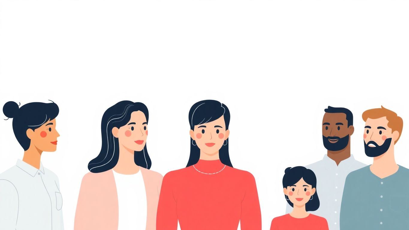 Diverse personas i moderne illustrasjon med myke farger.