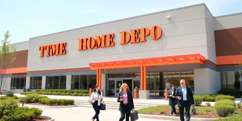 Corporate building, professional people, Home Depot branding visible.