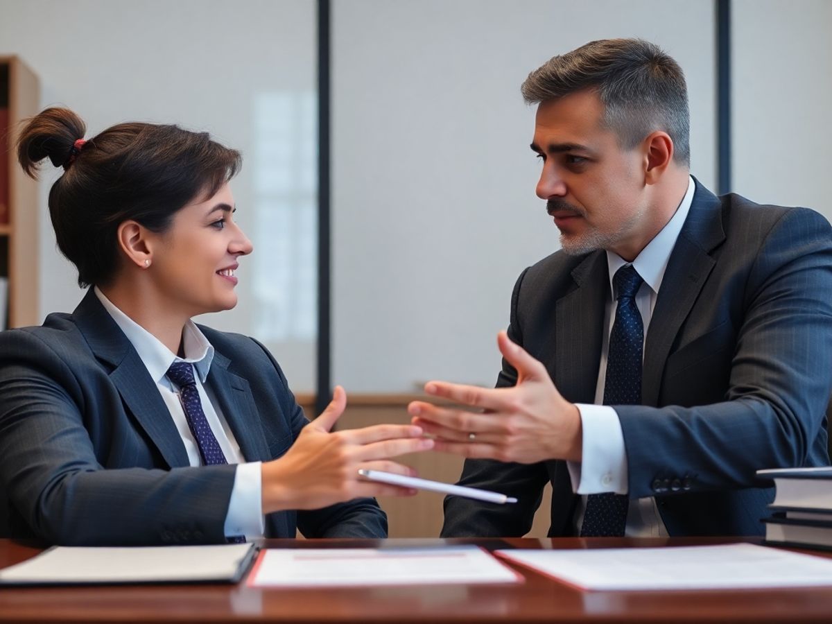 Avocat si client discutand intr-un birou linistit.