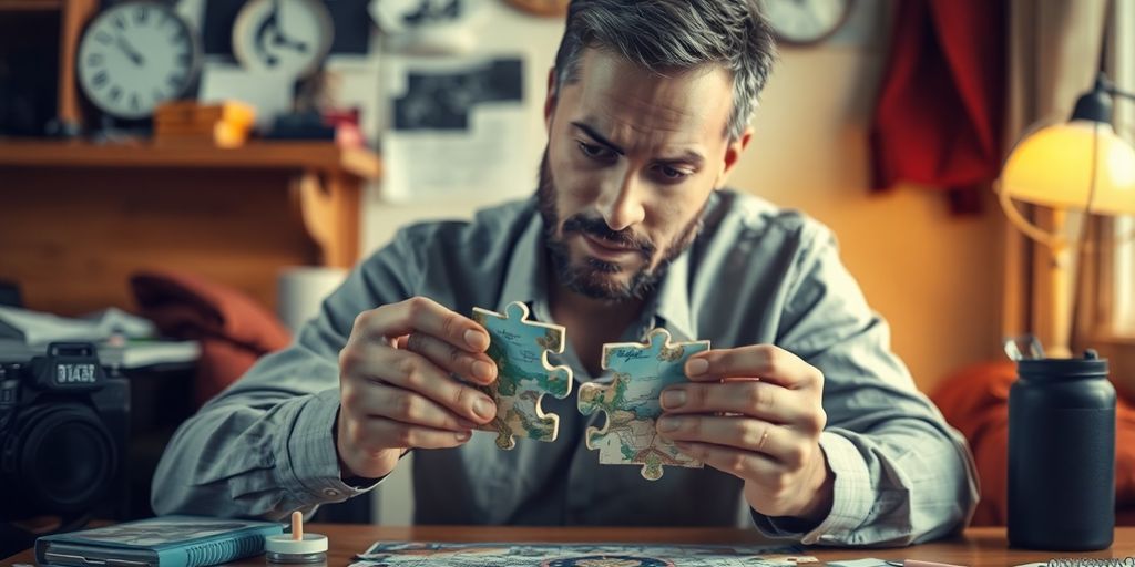 Person solving a puzzle in a cozy personal space.