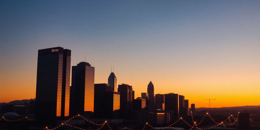 Denver skyline at sunset, intertwined with digital lines.