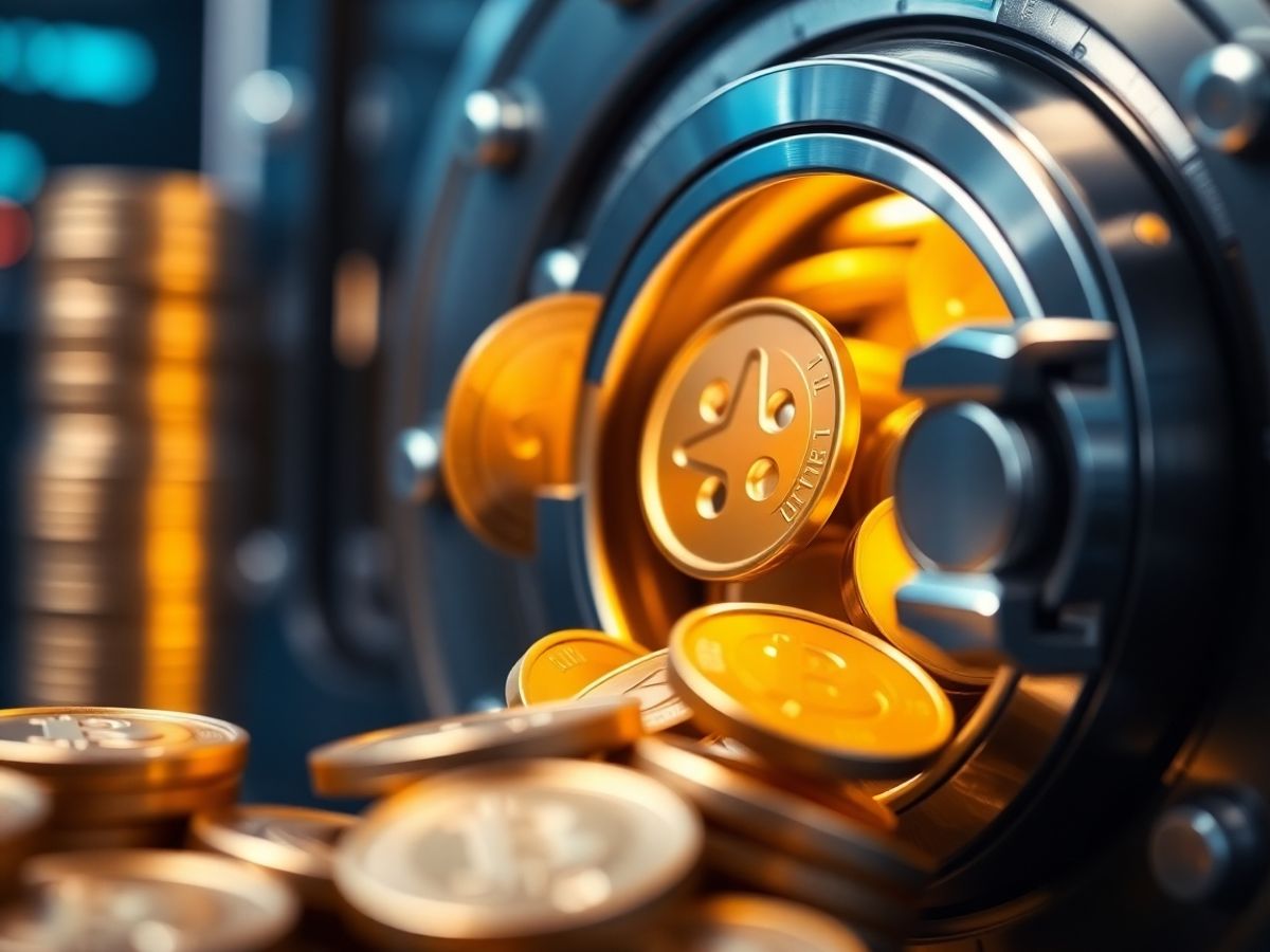 Digital coins flowing into a secure vault