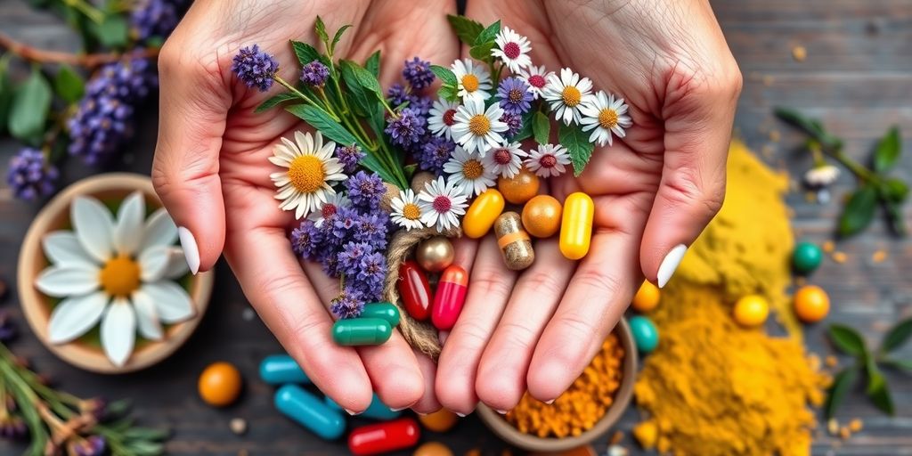 Person holding various herbs and colorful supplements.