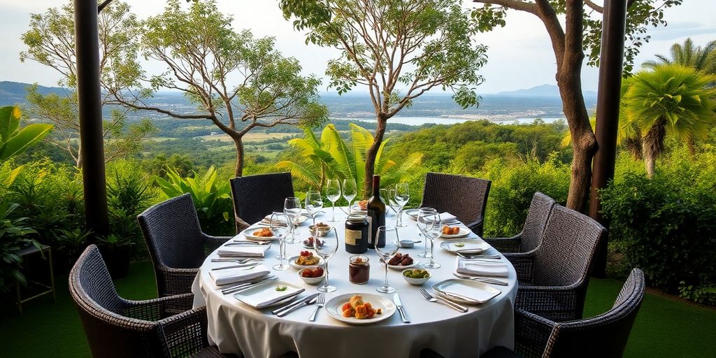 Elegant outdoor dining with gourmet dishes and greenery.