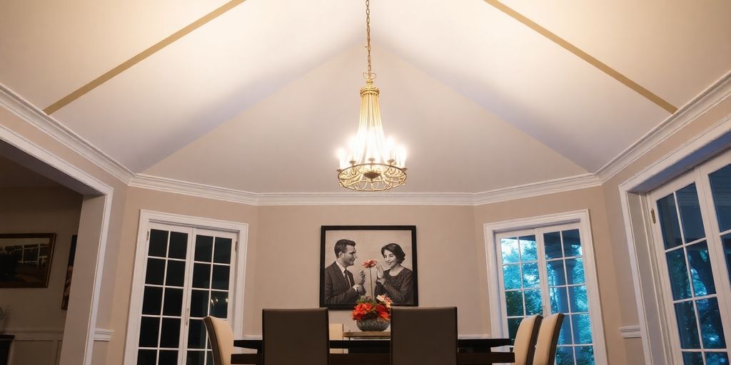 Elegant chandelier in a vaulted ceiling dining room.