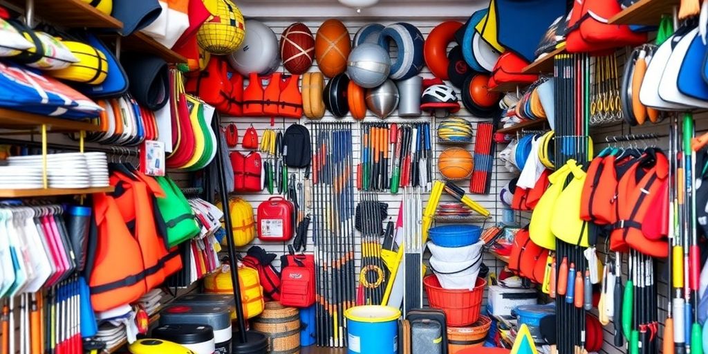 Marine supplies including fishing gear and safety equipment.