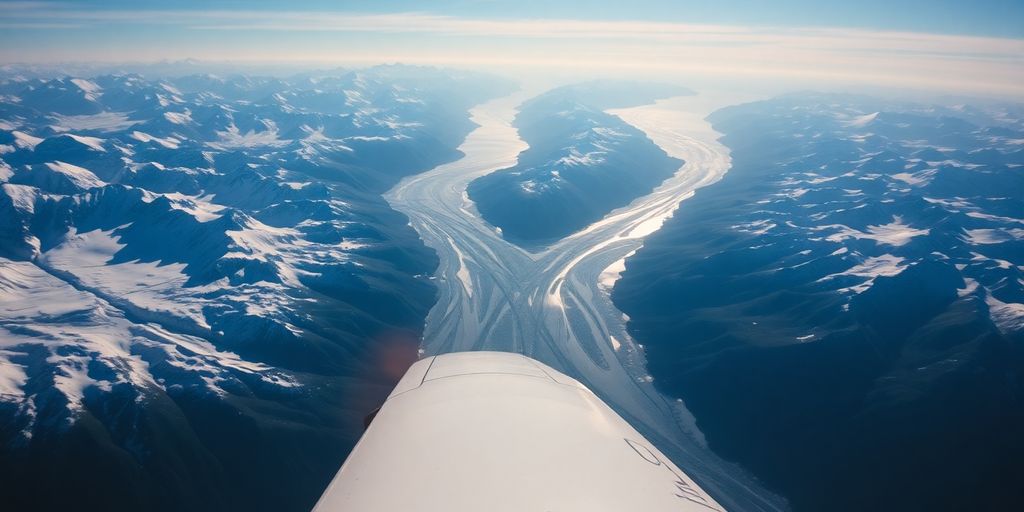 A small airplane flies over vast Alaskan glaciers and mountains.
