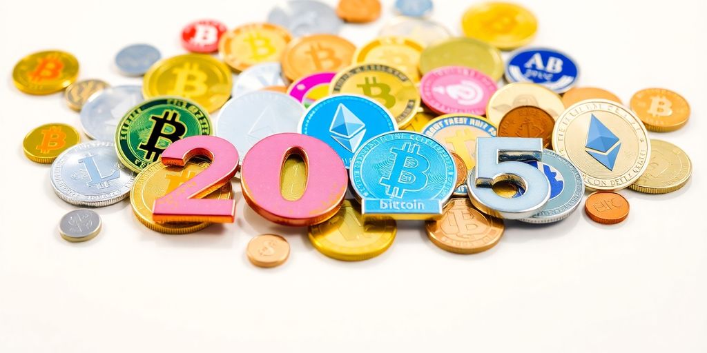 Colorful cryptocurrency coins on a reflective surface.