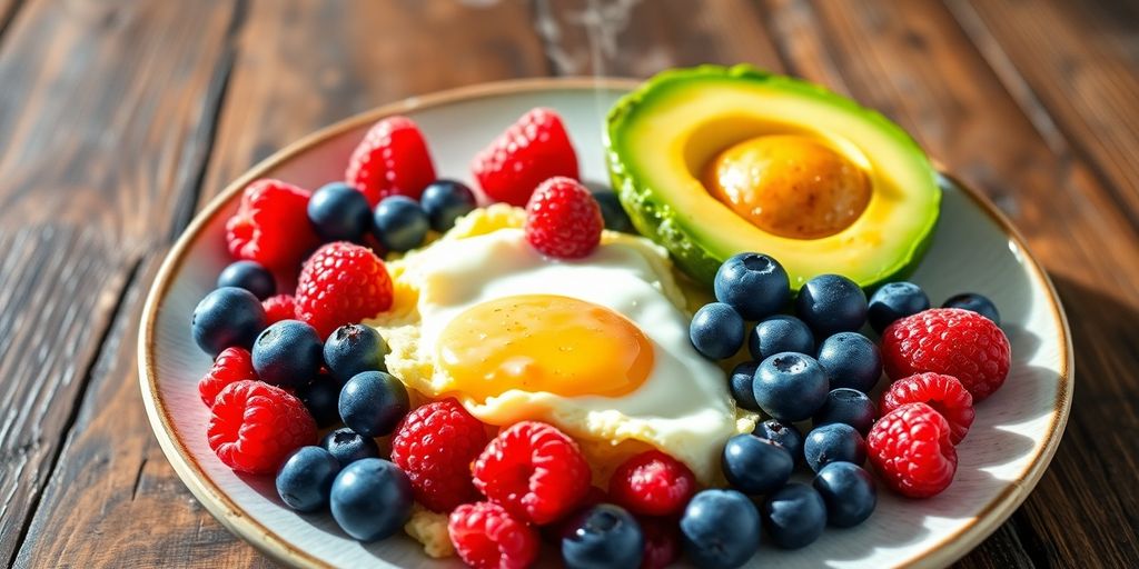 AIP breakfast with fruit, eggs, and avocado.