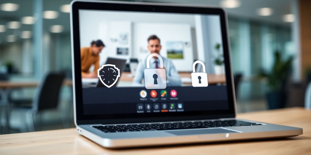 Laptop screen showing video call with security icons.