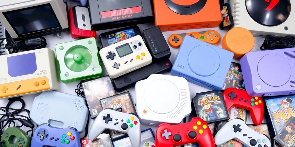 Various video game consoles and controllers arranged attractively.