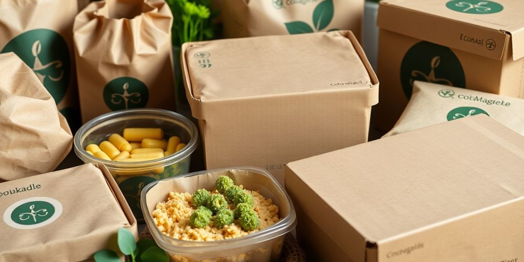 Biodegradable food containers stacked neatly.