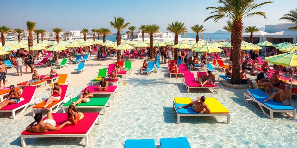 Mykonos beach club with sunbeds and palm trees.