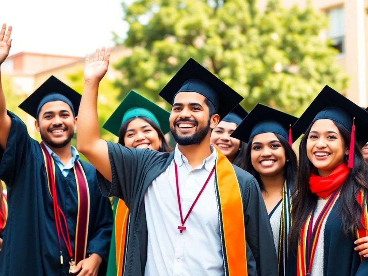Diverse Latino students celebrating graduation outdoors with joy.