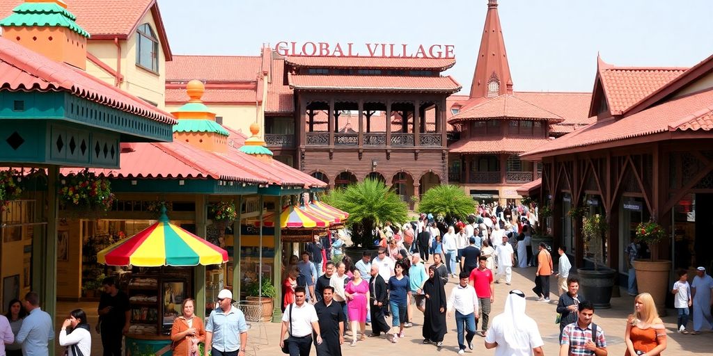 Colorful pavilions and shoppers at Global Village in UAE.