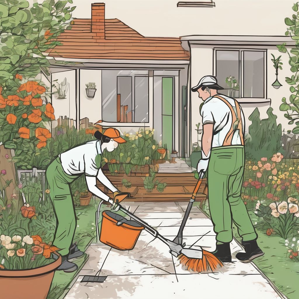 person doing garden clean-up with tools and a professional gardener helping