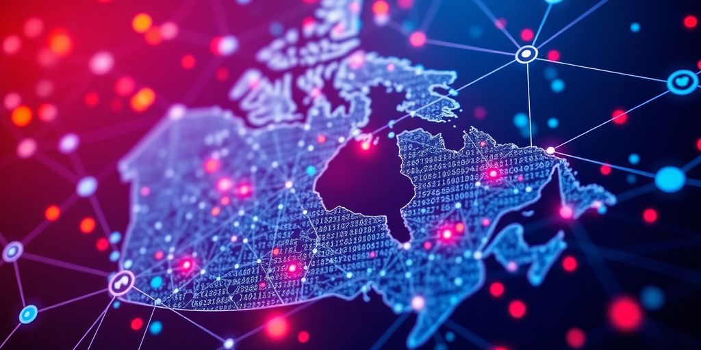Blockchain technology and Canada map for crypto payments.