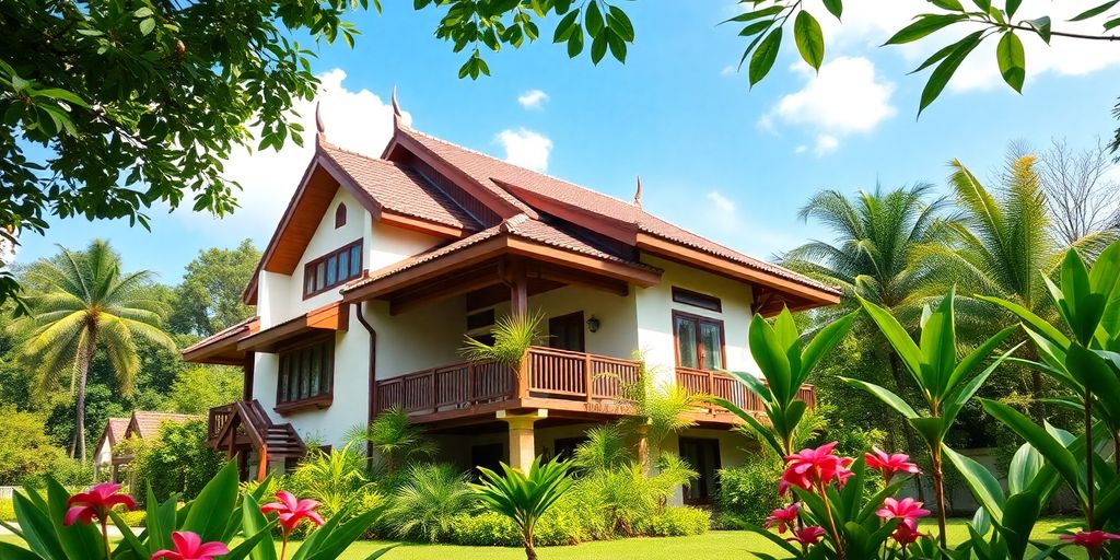 Modern Thai house amidst greenery and tropical flowers.