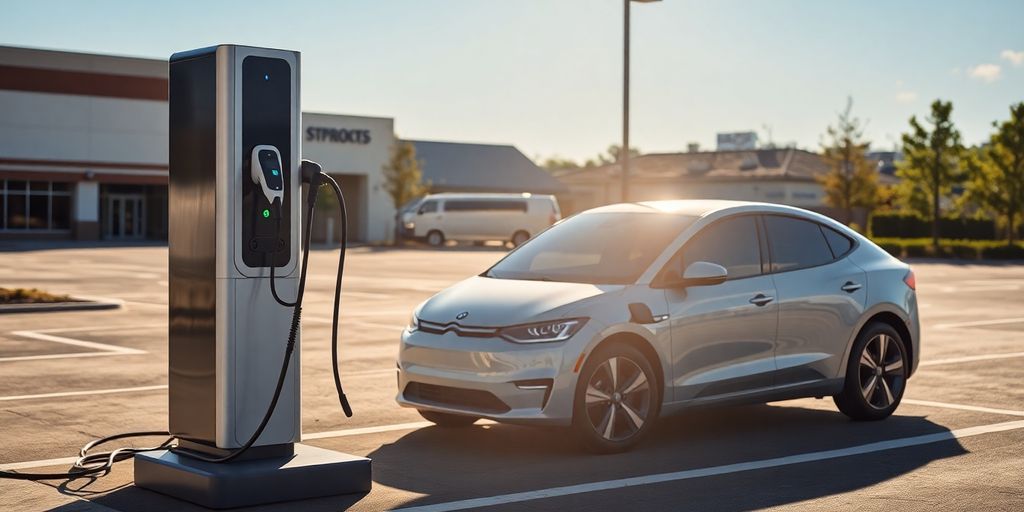 Electric vehicle charging station in a parking lot.