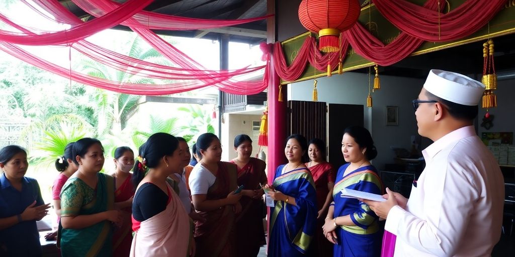 Traditional Thai ceremony with participants in vibrant attire.