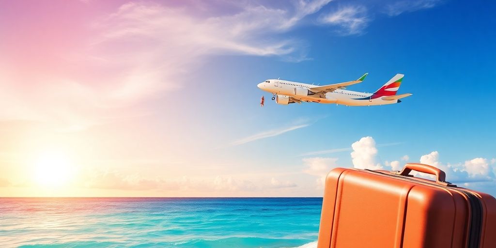 Reise med fly og solnedgang over stranden.