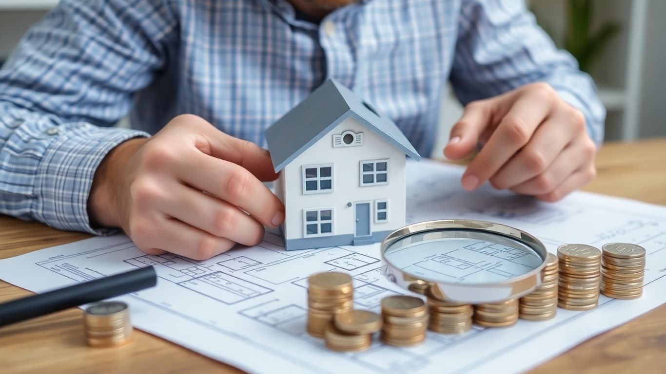 Casa con monedas y lupa buscando seguro