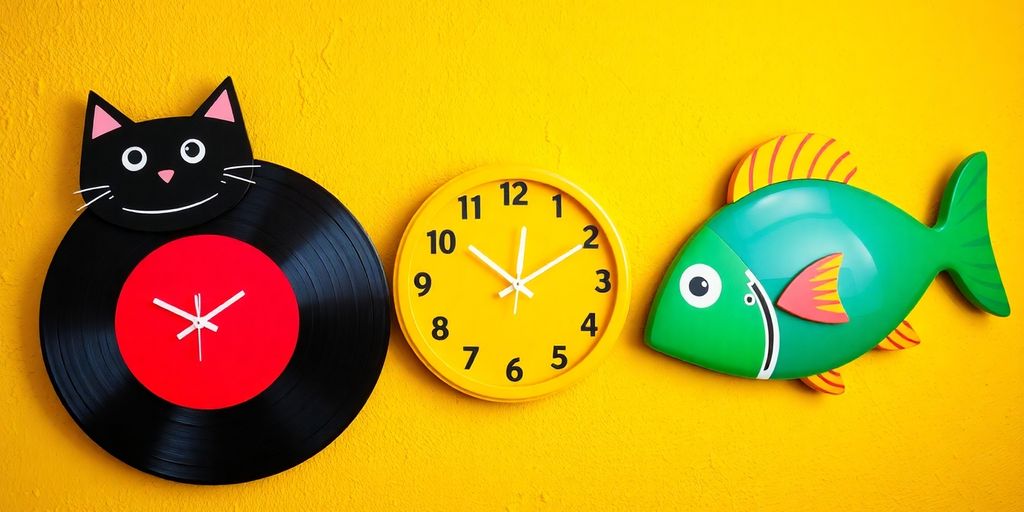 Colorful quirky wall clocks in unique shapes and designs.