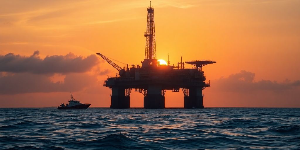 Offshore oil rig with rescue boats at sunset.