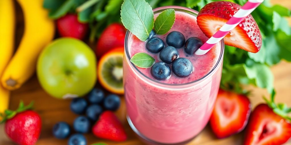 Colorful smoothie with fresh fruits on wooden table.