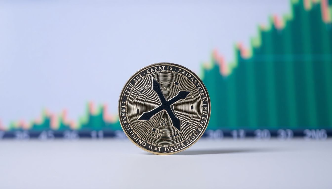 XRP coin falling against a blurred financial chart.