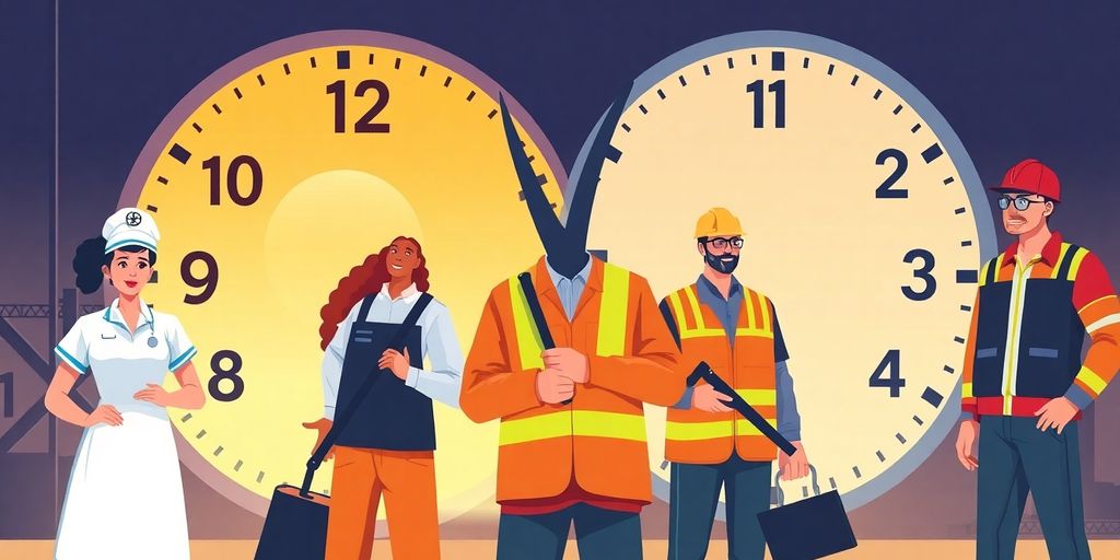 Nurse, factory worker, and security guard working around large clock.