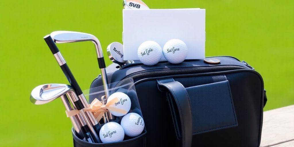 Custom golf gift set with personalized clubs and balls.