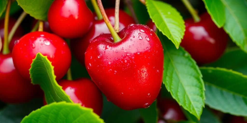 Imagem de cerejas de acerola frescas e vibrantes.
